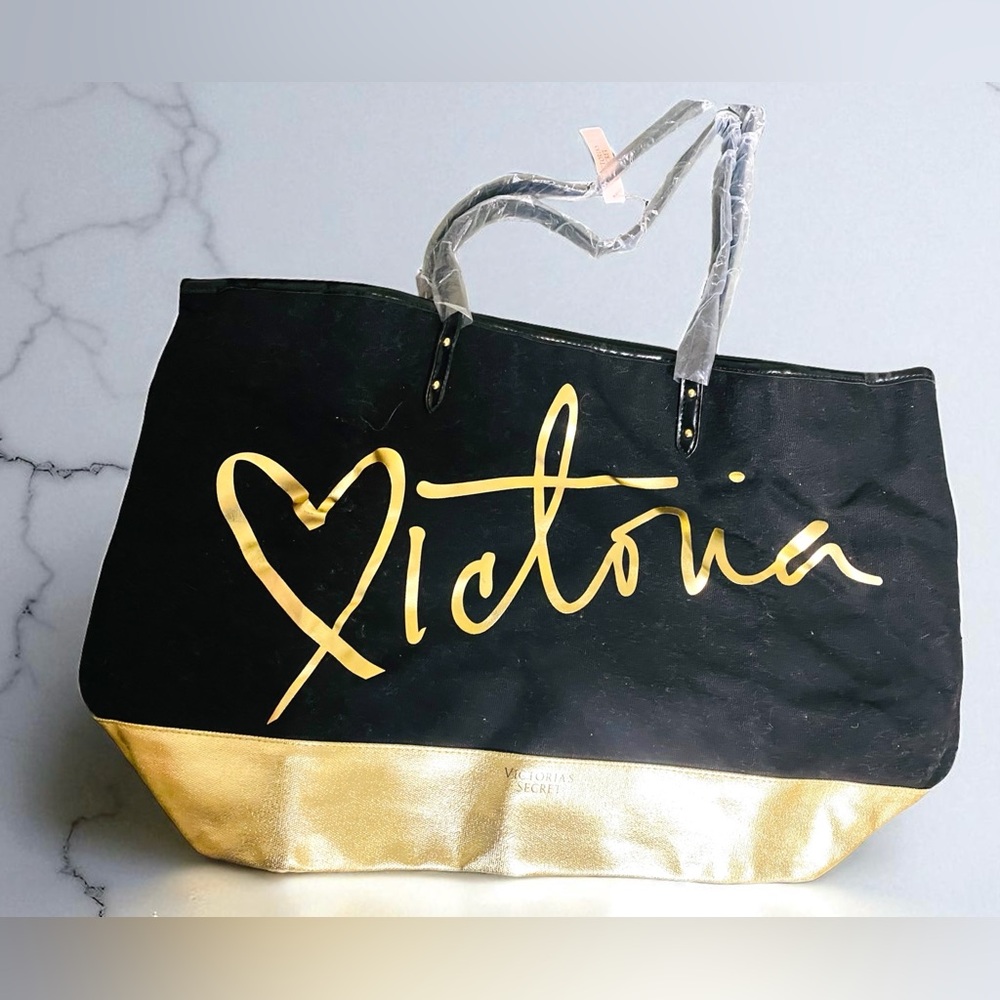 Victoria's Secret large Black Tote with Gold Accents bag NWOT